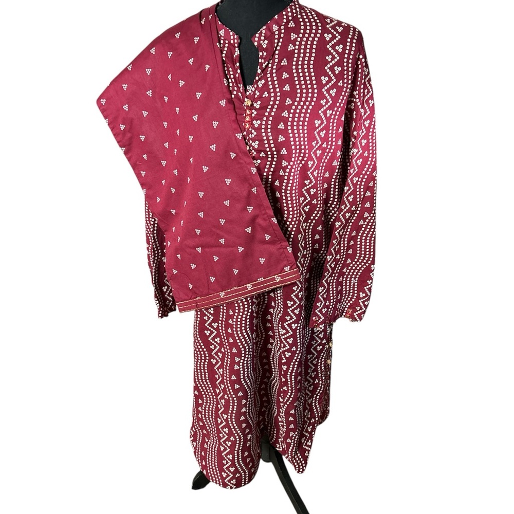 Red and White Block Print V-Neck Kurtas